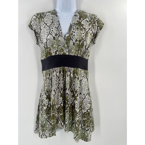 Studio Y S Green Print V-Neck Tunic Top Short Sleeve Empire Waist Blouse Y2K - Picture 1 of 9